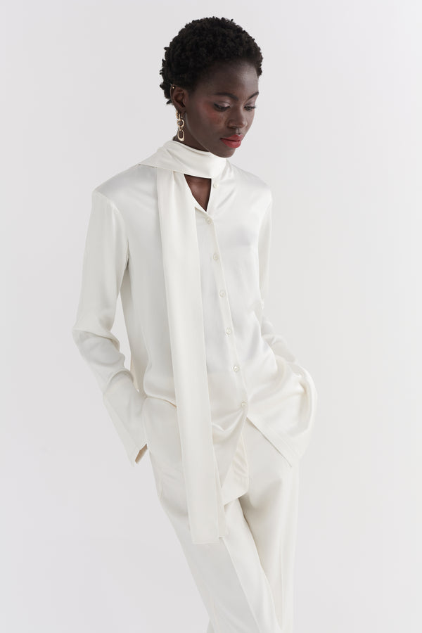 Cream Silk Tie Neck Shirt