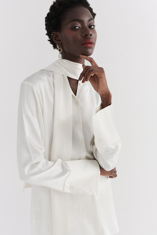 Cream Silk Tie Neck Shirt