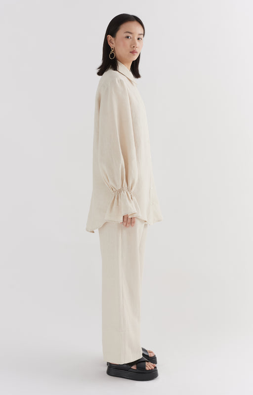 Natural Linen Floaty Smocked Cuff Shirt