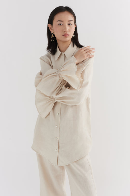 Natural Linen Floaty Smocked Cuff Shirt