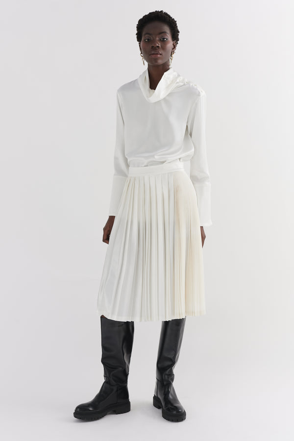 Ivory Silk Contrast Pleated Skirt