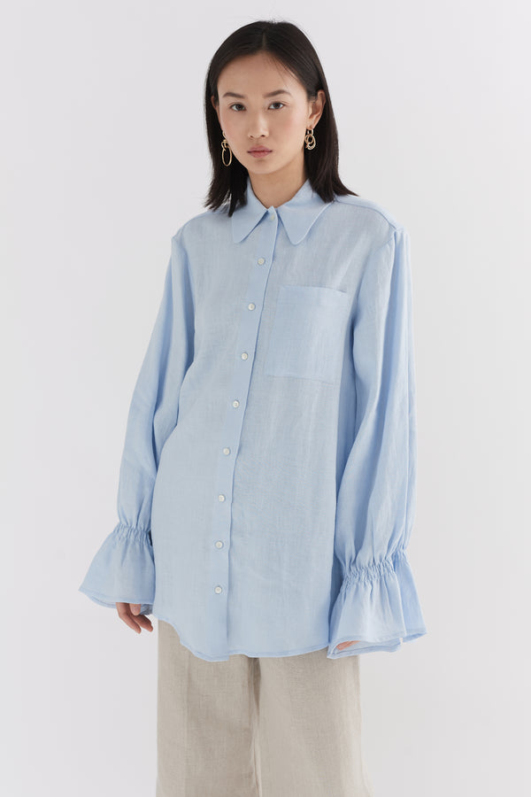 Blue Linen Floaty Smocked Cuff Shirt