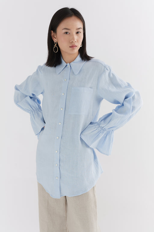 Blue Linen Floaty Smocked Cuff Shirt
