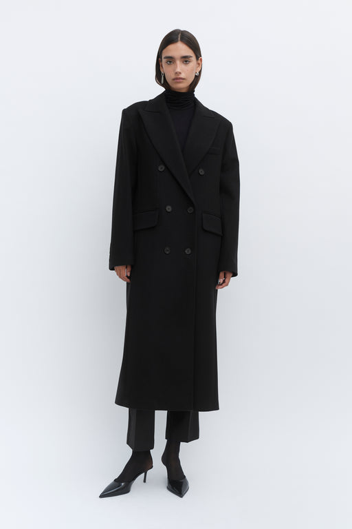 Black Double Breasted Tailored Wool Coat