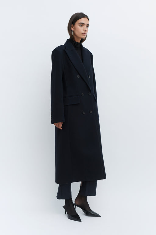 Navy Double Breasted Tailored Wool Coat