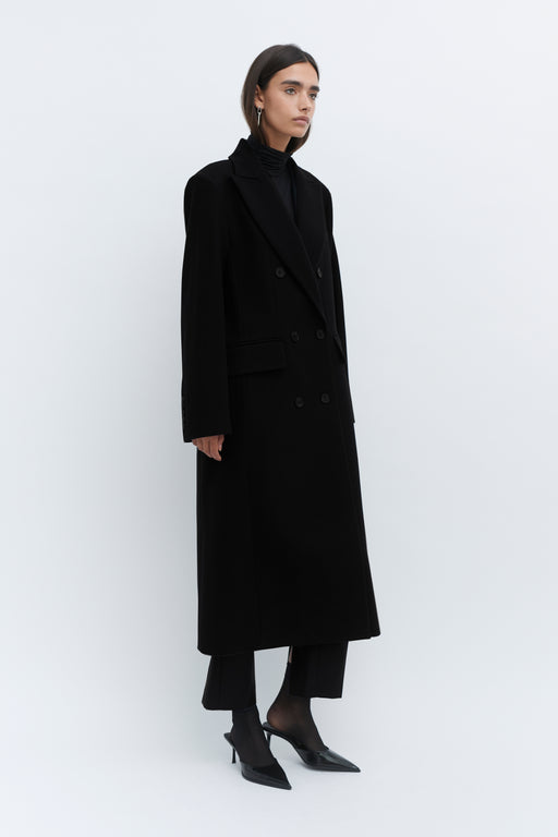 Black Double Breasted Tailored Wool Coat