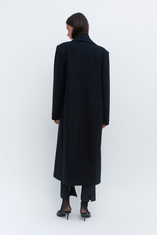 Navy Double Breasted Tailored Wool Coat