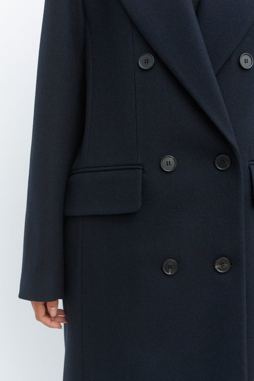 Navy Double Breasted Tailored Wool Coat
