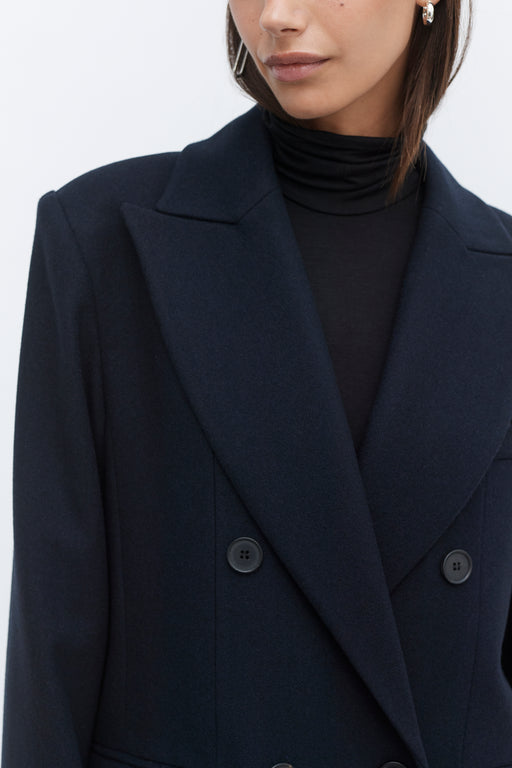 Navy Double Breasted Tailored Wool Coat