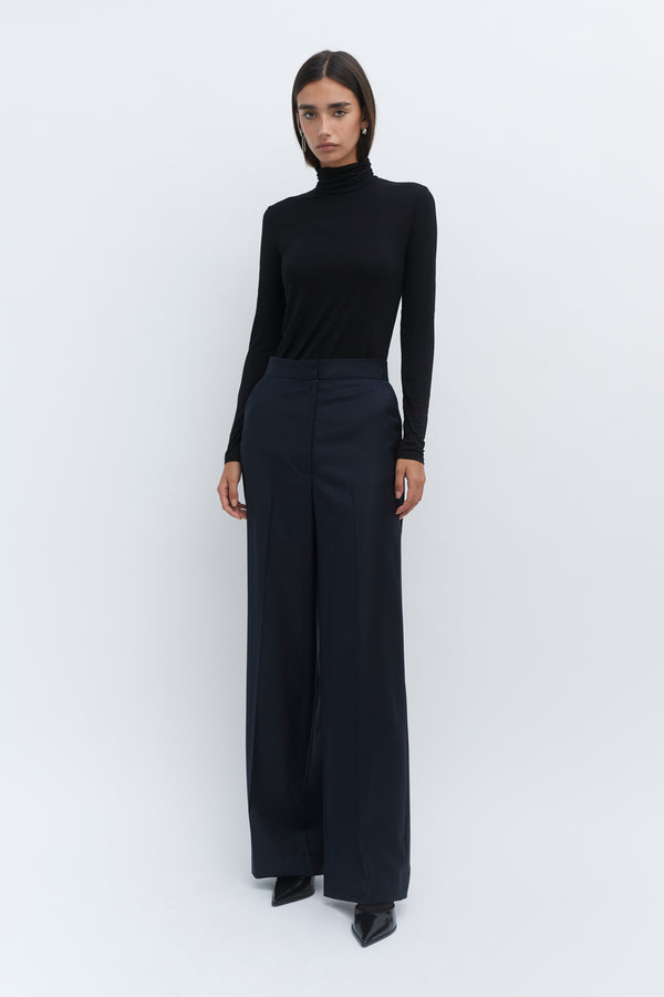 Navy Wool Wide Leg Trouser