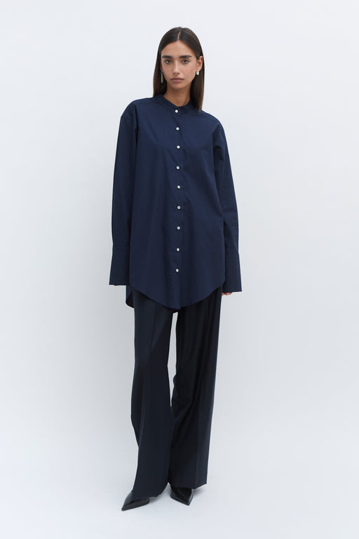 Grandad Navy Oversized Tailored Organic Poplin Shirt