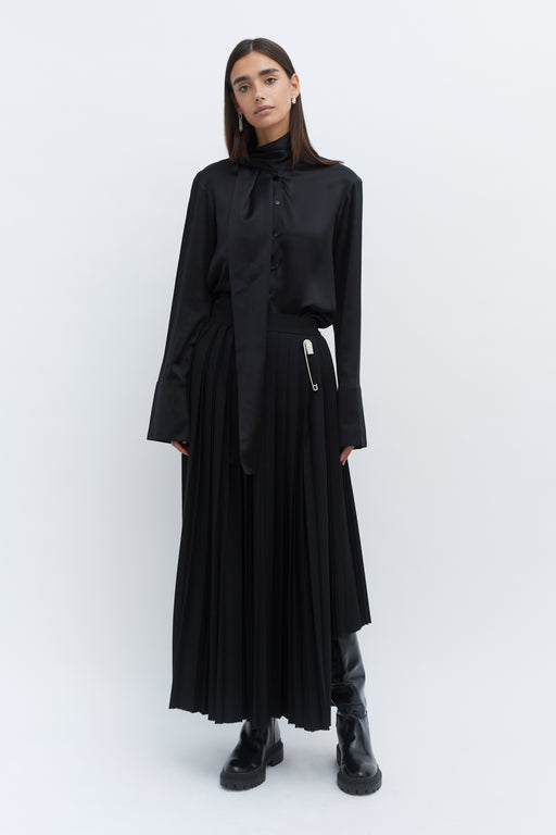 Black Wool Contrast Pleated Skirt