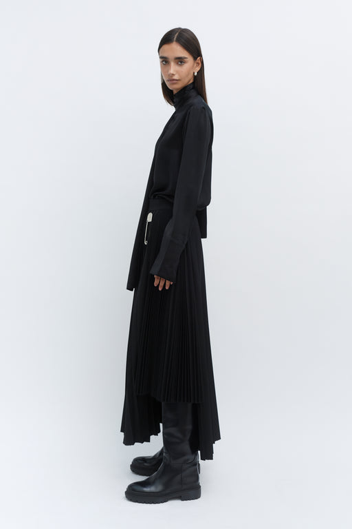 Black Wool Contrast Pleated Skirt