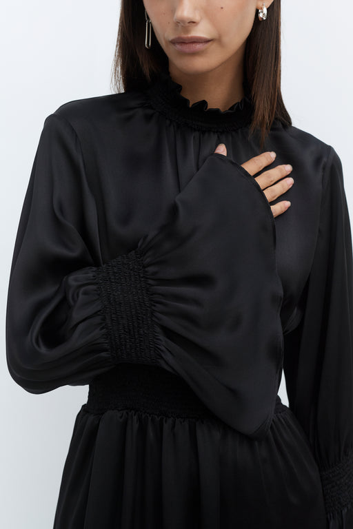 Silk Black Smocked Floaty Dress