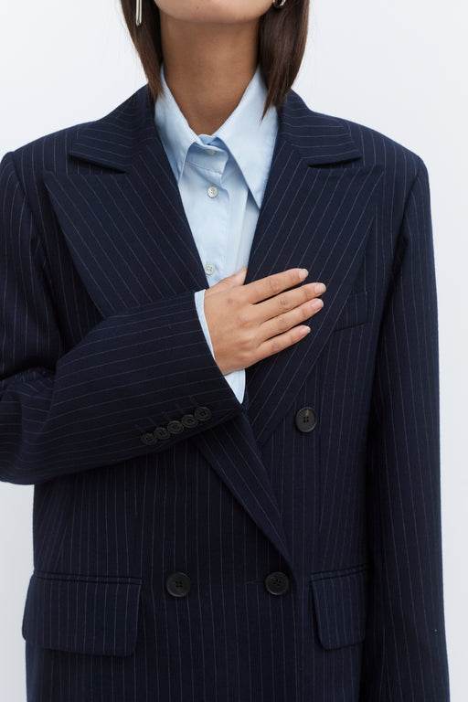 Pinstripe Double Breasted Tailored Wool Coat