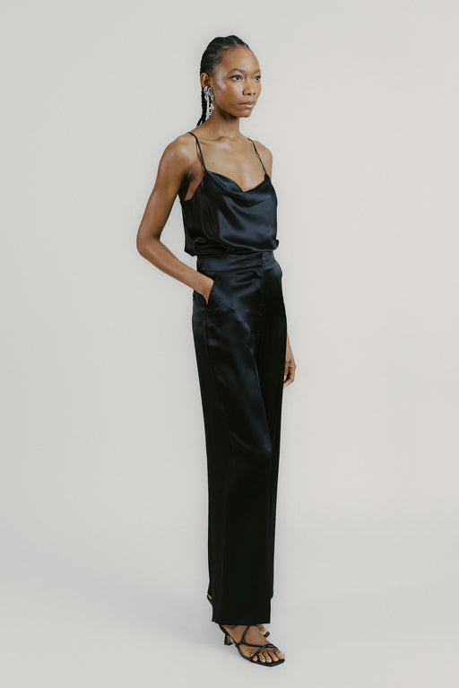 Black Wide Leg Silk Tailored Trouser