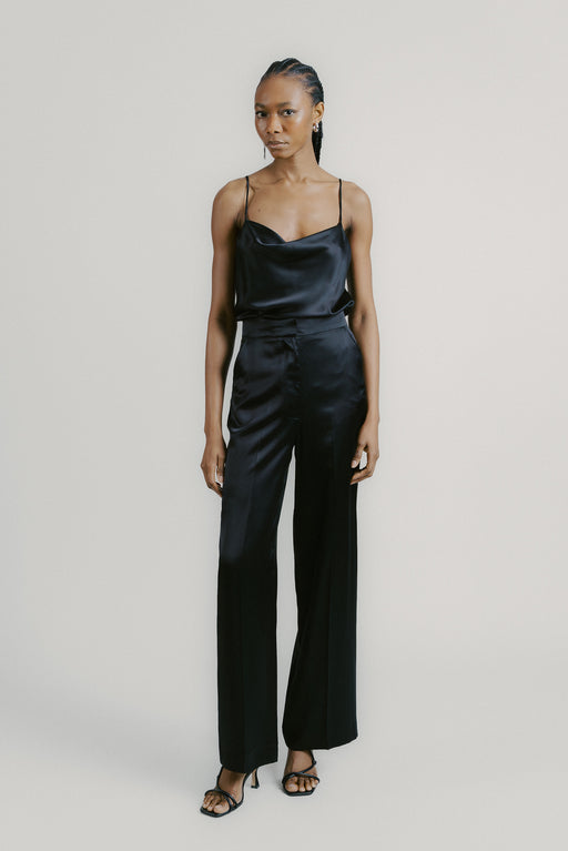 Black Wide Leg Silk Tailored Trouser