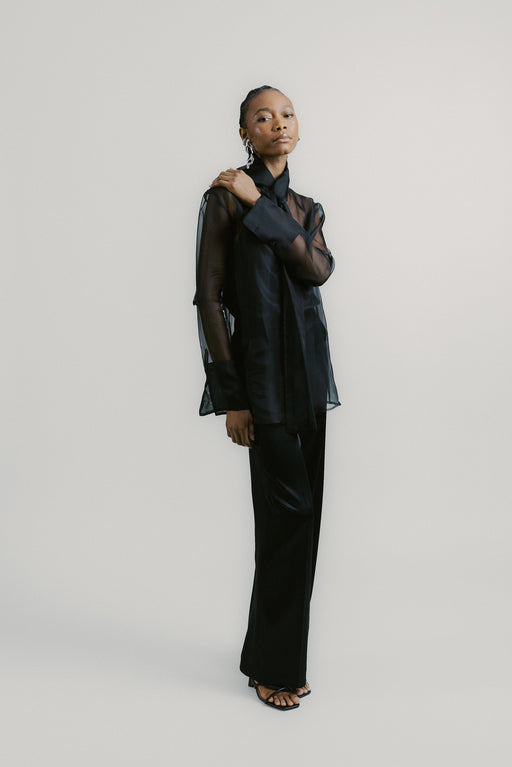 Black Organza Silk Tie Neck Shirt