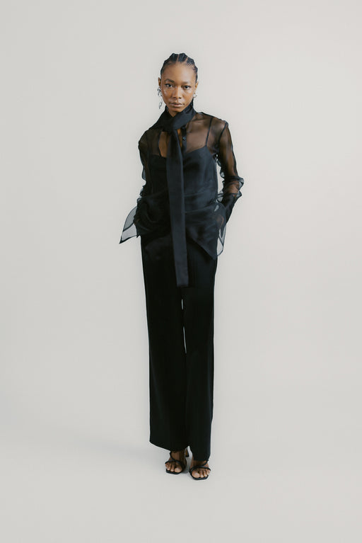 Black Organza Silk Tie Neck Shirt