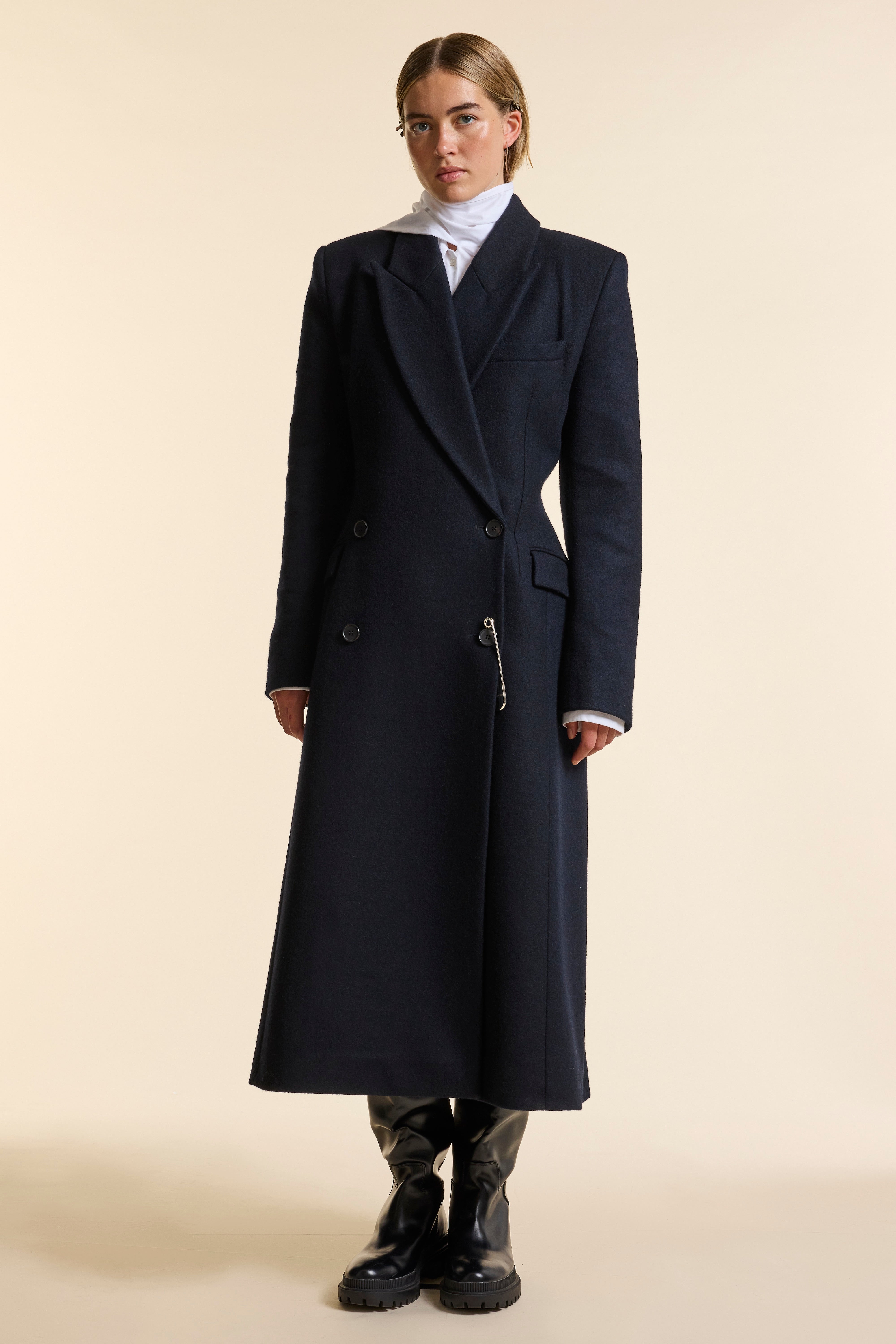 Women's Navy Wool Double Breasted Sculpted Coat | Laura Pitharas
