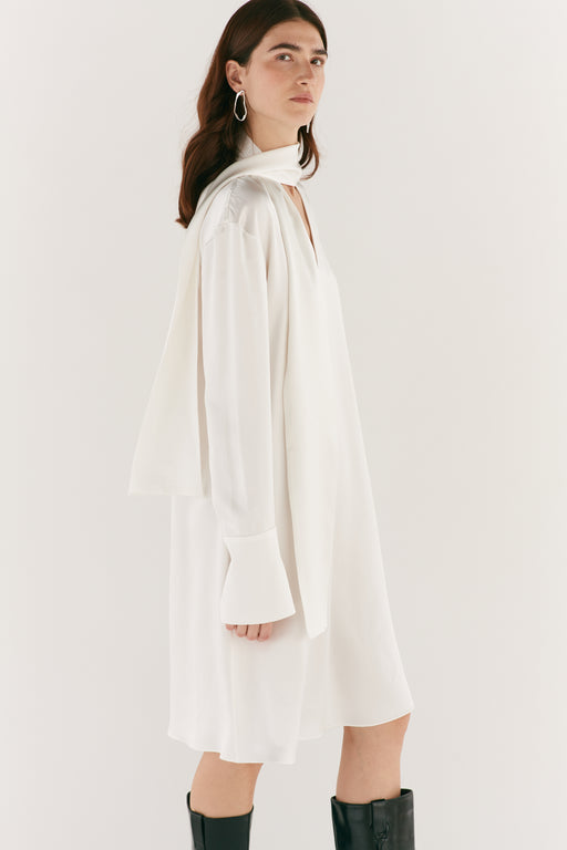 Ivory Silk Tie Neck Dress
