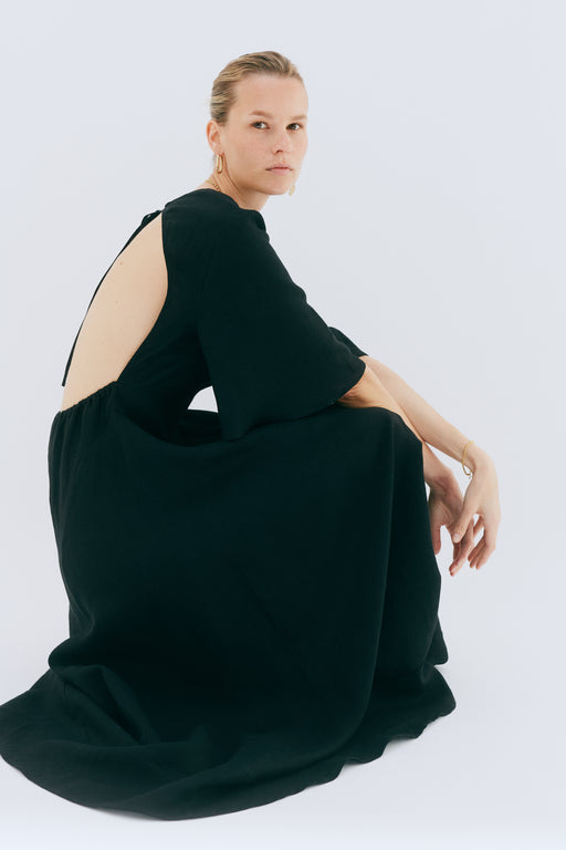 Open Back Black Linen Floaty Dress