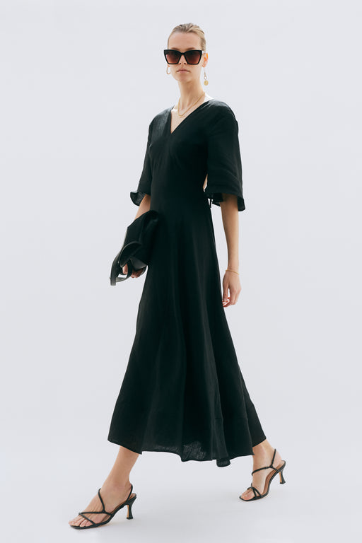 Open Back Black Linen Floaty Dress