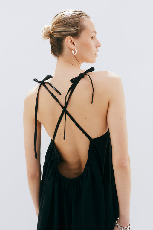 Open Back Strap Slip Black Floaty Dress