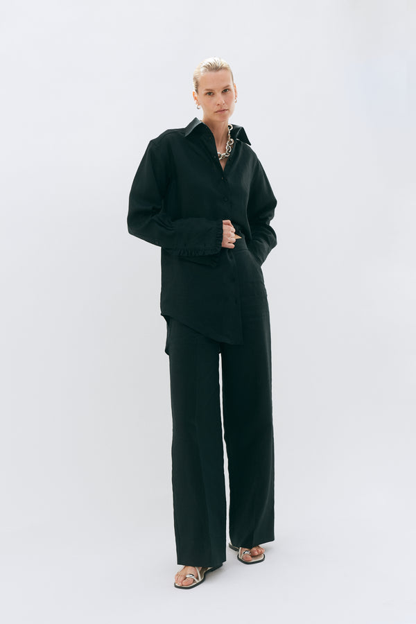 Black Linen Wide Leg Trouser