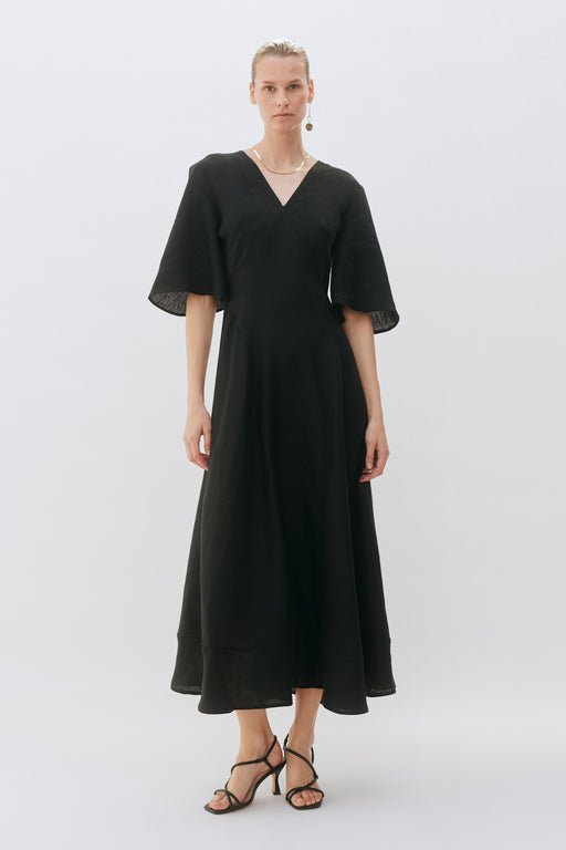 Open Back Black Linen Floaty Dress