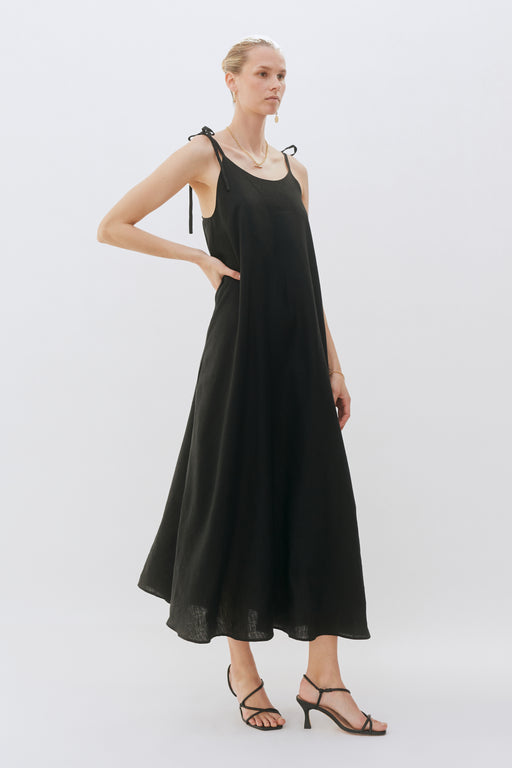 Open Back Strap Slip Black Floaty Dress