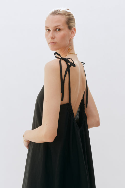 Open Back Strap Slip Black Floaty Dress