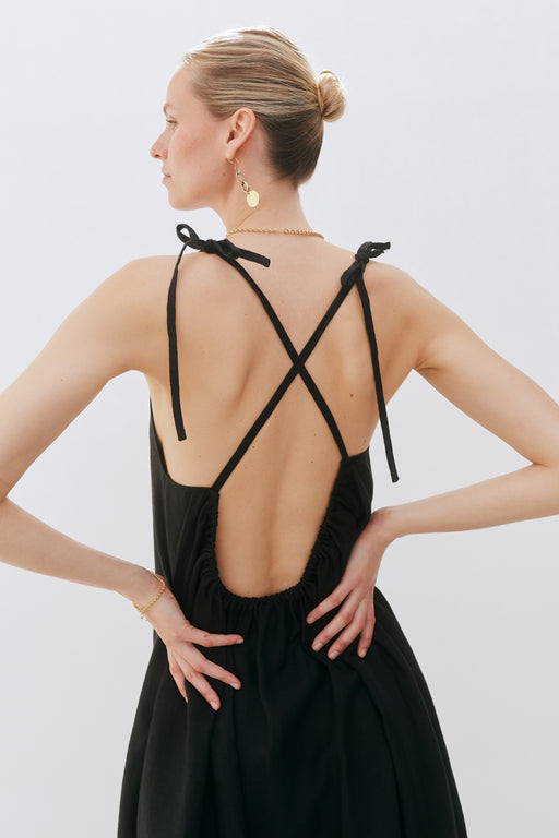 Open Back Strap Slip Black Floaty Dress