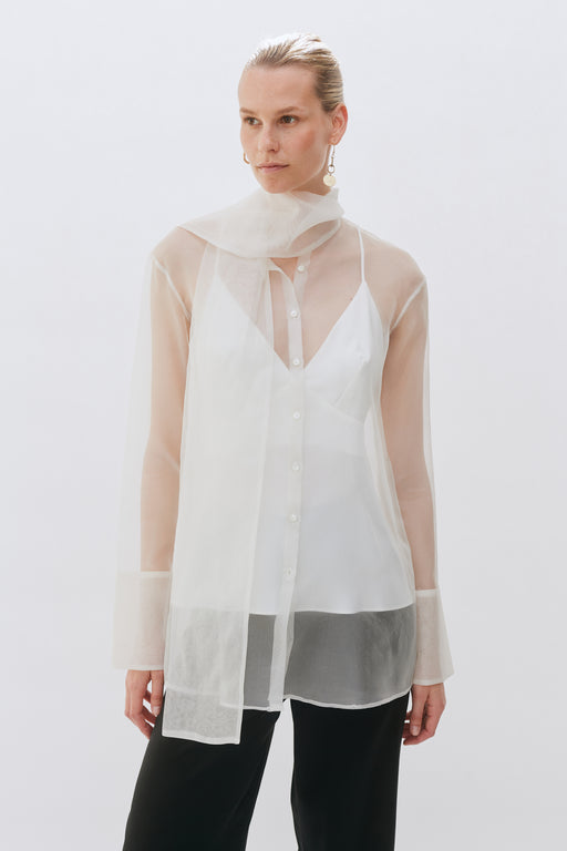 Ivory Organza Silk Tie Neck Shirt