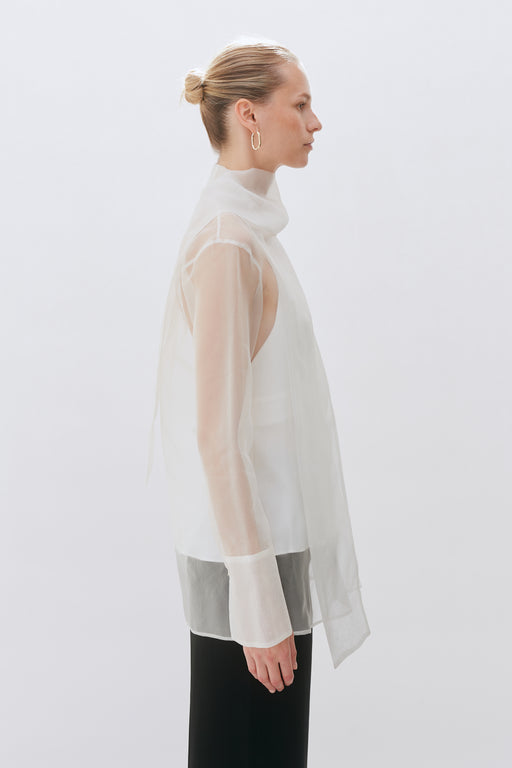 Ivory Organza Silk Tie Neck Shirt