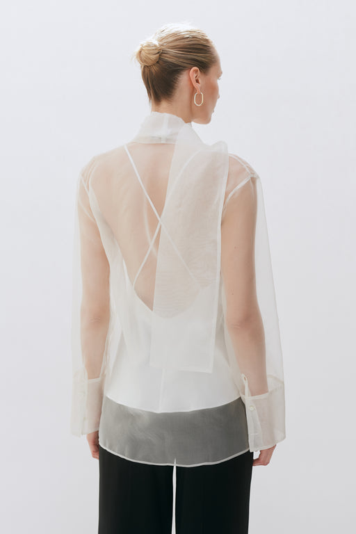 Ivory Organza Silk Tie Neck Shirt