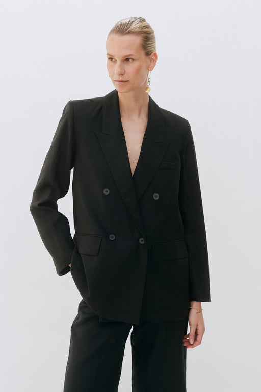 Black Linen Double Breasted Jacket