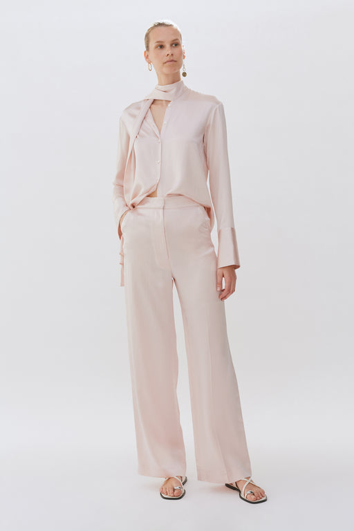 Baby Pink Wide Leg Silk Tailored Trouser