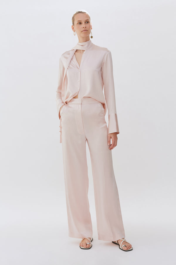 Baby Pink Wide Leg Silk Tailored Trouser