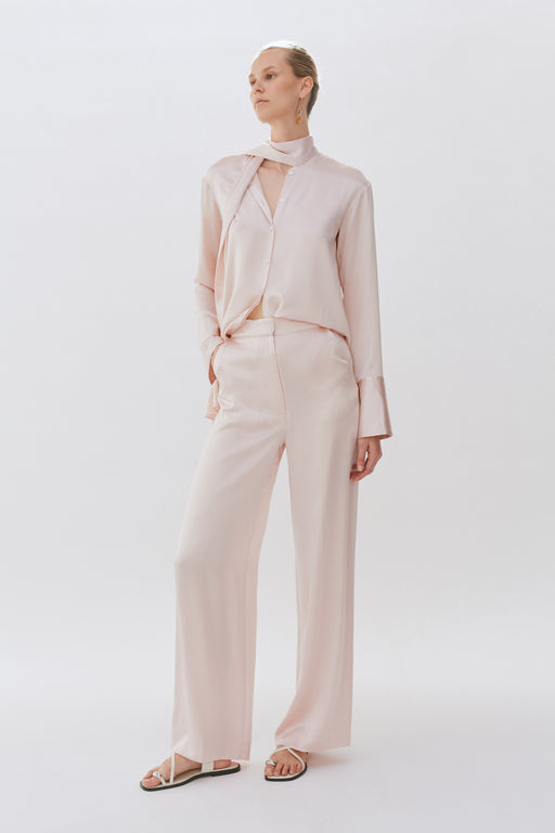 Baby Pink Wide Leg Silk Tailored Trouser