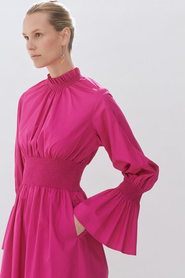 Hot Pink Smocked Organic Poplin Floaty Dress