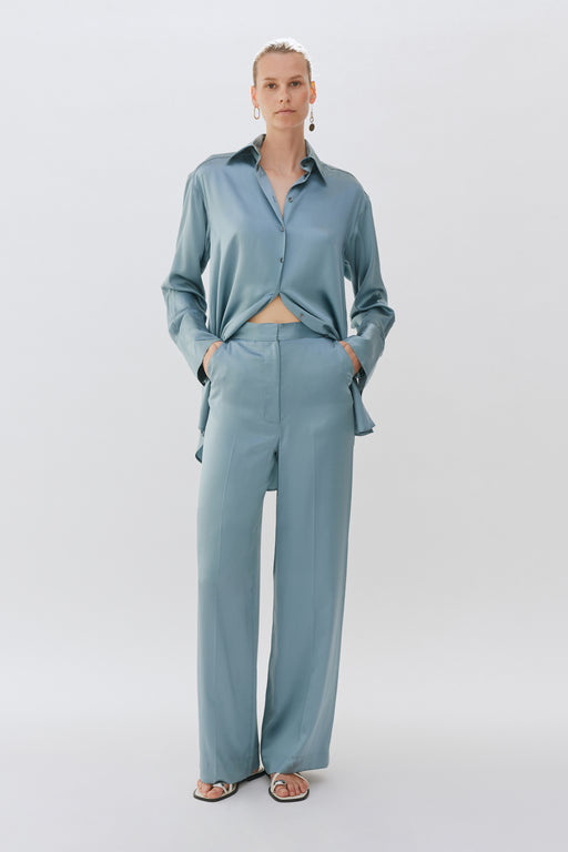 Ice Blue Silk Wide Leg Tailored Trouser