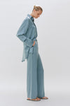 Ice Blue Silk Wide Leg Tailored Trouser