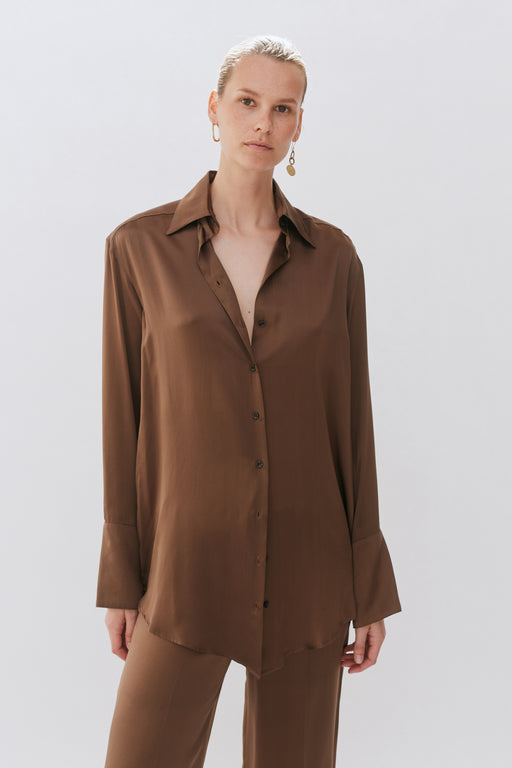 Chocolate Brown Silk Oversized Tailored Shirt