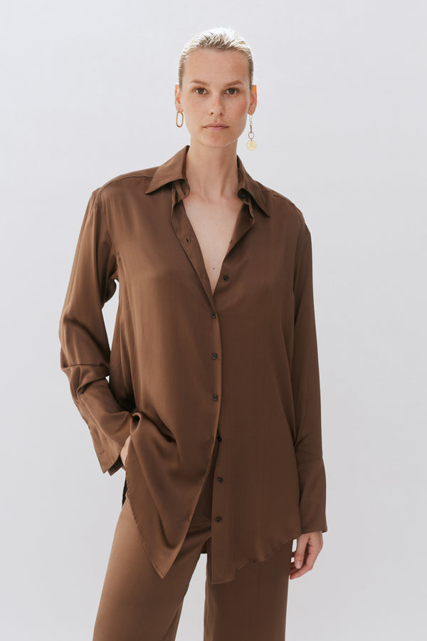 Chocolate Brown Silk Oversized Tailored Shirt