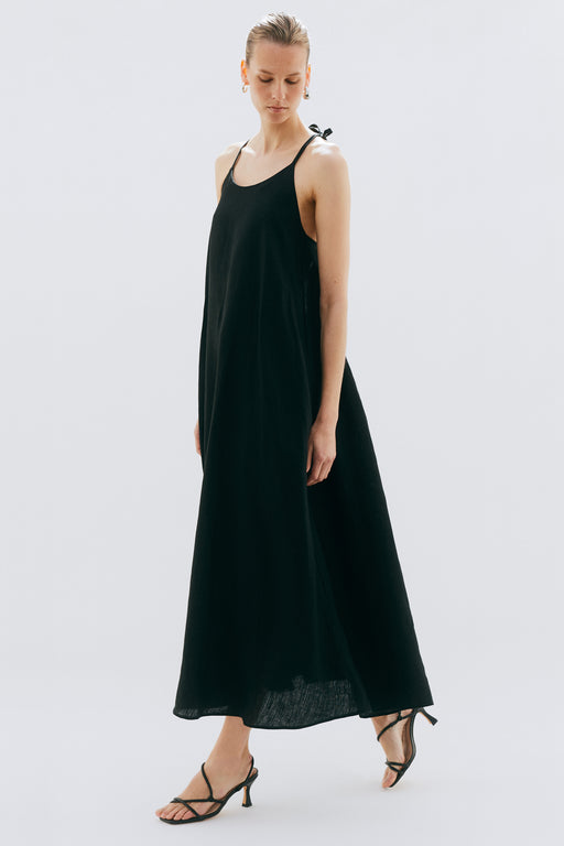 Open Back Strap Slip Black Floaty Dress