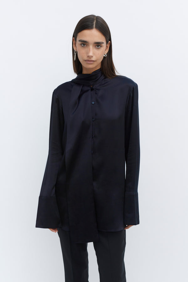Navy Silk Tie Neck Shirt