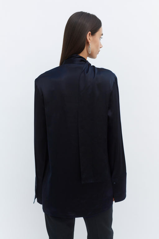 Navy Silk Tie Neck Shirt