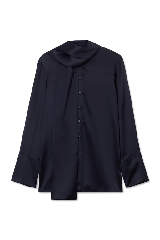 Navy Silk Tie Neck Shirt