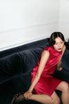 Red Silk Sleeveless Gathered Neck Dress